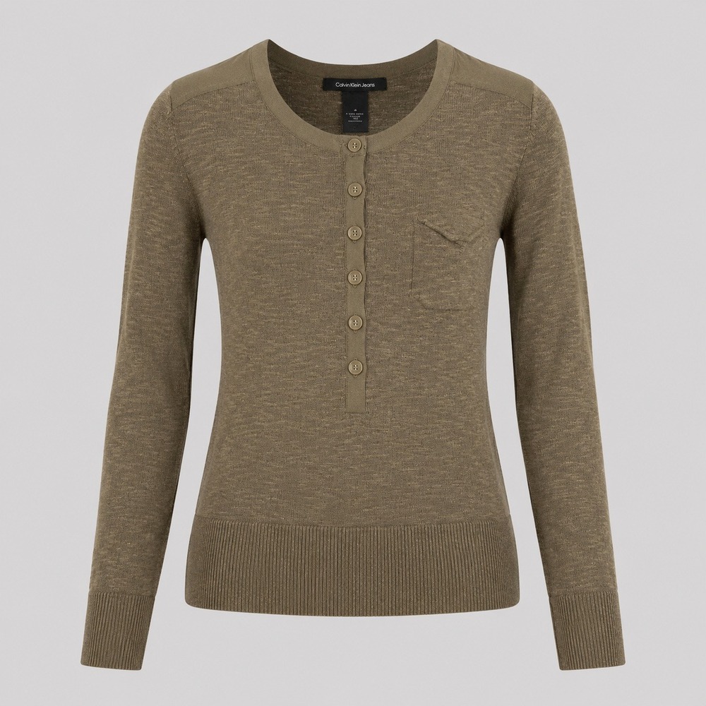 Vintage Calvin Klein Jeans Womens Medium Olive Henley Knit Sweater Cotton Y2K
